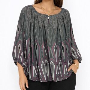 Denim &‎ Co Blouse Women's Plus Size 3X Gray Purple Geometric Keyhole Top